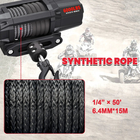 Trail Boss 6000 Lbs UTV Winch Waterproof Electric Recovery Beast With Fifty Foot Synthetic Rope close-up of synthetic rope detail and winch feature.