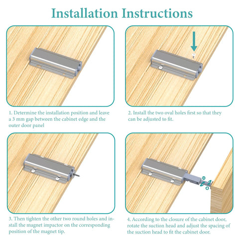 Sturdy Magnetic Push To Open Latch installation instructions showing steps for fitting cabinet hardware on wooden surface.