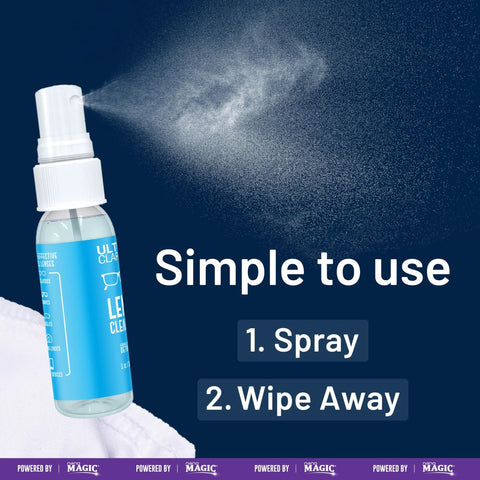 Eyeglass lens cleaning spray bottle, 6 oz, blue label, white spray nozzle.