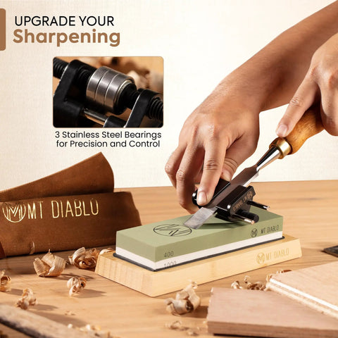 Person using Chisel Sharpening Kit With Pro Grade Precision Honing Guide For One Quarter To Two Inch Chisels and plane irons.
