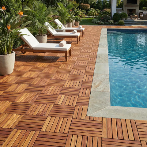 EZ-Floor Interlocking Teak Flooring Tiles With Solid Teak Wood Oil Finish set on poolside deck with lounge chairs
