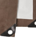 Close-up of Heavy Duty Black Poly Waterproof Tarp 8 Ft By 10 Ft Four Pack Durable Tough As Nails with grommets and laminated coating.