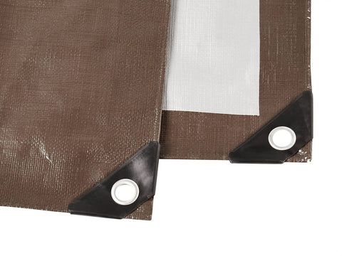 Close-up of Heavy Duty Black Poly Waterproof Tarp 8 Ft By 10 Ft Four Pack Durable Tough As Nails with grommets and laminated coating.