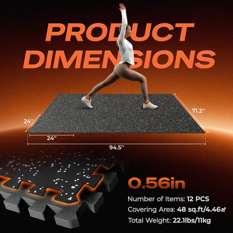 Image showing dimensions of Thick 0.56 Inch Interlocking Gym Flooring Mats With Rubber Top For Home Gym 12 Pieces Covering 48 Sq Ft