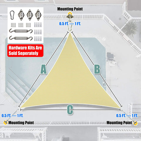 Beige Triangle Shade Sail Canopy For Outdoor Patios And Gardens 24 Ft By 24 Ft By 24 Ft UV Blocking 95 Percent Water And Air Permeable
