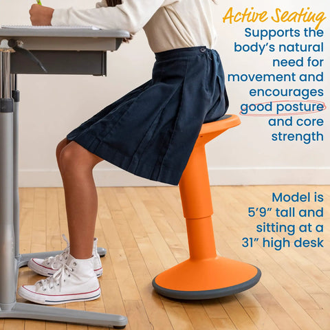Girl using SitWell Wobble Stool With Adjustable Height For Active Seating In Classrooms And Home Learning, orange color