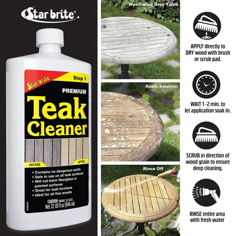 Premium Teak Cleaner That Restores Weathered Gray Teak Furniture And Fine Wood Without Sanding Or Pressure Washing Easy To Use No Fuss Application Brings Back Natural Warmth And Depth For Boats Decks And Outdoor Furnishings One Gallon shown with application steps on teak table.