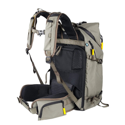Side view of Active 53 Camera Backpack With Front Rear And Top Access For Gear Built In USB Charger Port in Khaki Green