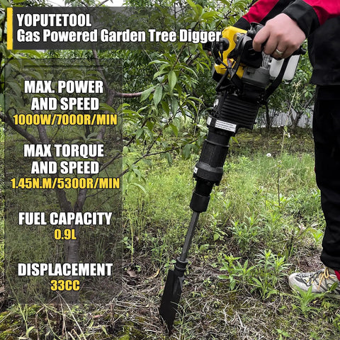 Person using Gas Powered Planting Digger With High Torque Auger For Tree And Fence Posts Portable Earth Drill.