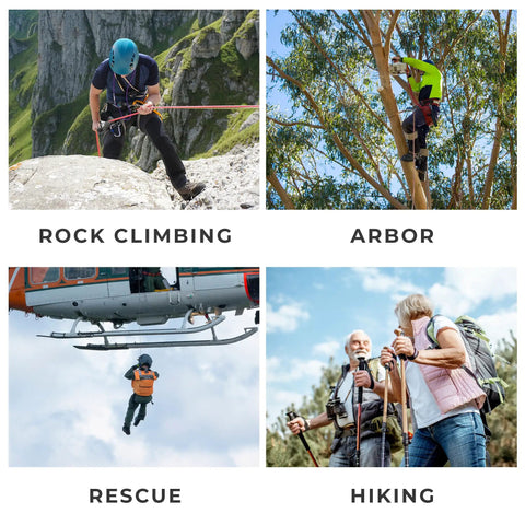 Four activities including rock climbing, arborist tree work, rescue from helicopter, and hiking with 8mm sewn prusik loop use.