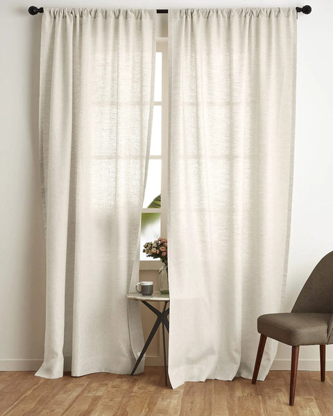 Light Filtering 100 Percent European Flax Linen Curtain 52 By 96 Inches Handwoven Rod Pocket Panel For Living Room And Bedroom Provides Privacy With Soft Natural Light Diffusion OEKO TEX Certified Cozy installed on window.
