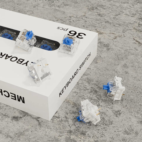 36 Pack Blue 3 Pin Dustproof Mechanical Keyboard Switches For Clicky Gaming And 3D Printing Builds displayed with packaging