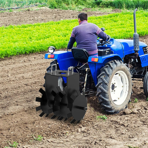 Farmer using 32 Inch Disc Plow Harrow With Two Inch Receiver for Tractor and ATV Heavy Duty Ground Tiller Attachment