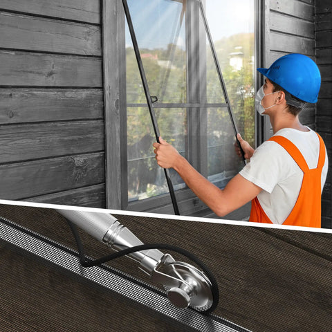 Worker using Heavy Duty Screen Roller Tool Kit For Window And Door Screens Stainless Steel Construction 3 Wheel Types For Spline Replacement
