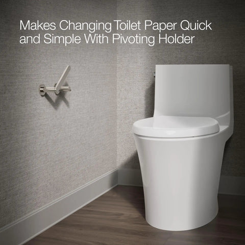 Composed Wall Mounted Pivoting Toilet Paper Holder in Vibrant Polished Nickel next to white toilet in bathroom corner