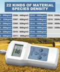 Pinless Inductive Moisture Meter For Quick Non Destructive Readings From Zero To Ninety Percent Through Plastic Barriers And Across Bee Pollen Wool Leather Wood Paper And More Pro Grade Handy Compact Tester in field with density chart.