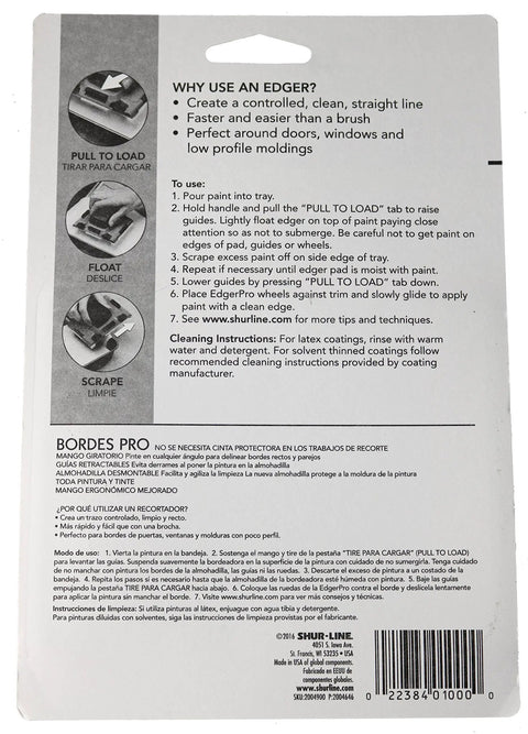 Back packaging of Paint Edger Pro Kit With Two Pack Painter's Pad Refills For Crisp Baseboard And Ceiling Edges, instructions visible