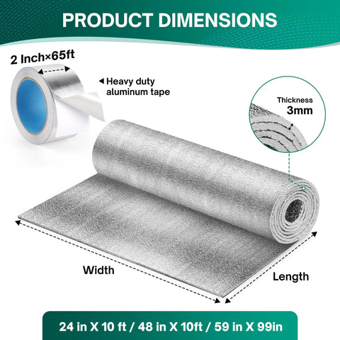 Reflective Window Insulation Roll 48 Inch By 10 Foot With Foil Aluminum Double Sided Foam Core Heat Blocker For RV Windows And Garage Doors Cool Summer Comfort Easy Install Folded Package, shown with measurements and aluminum tape