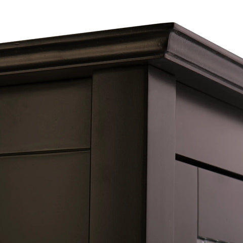 Close-up of Chesterfield Freestanding Floor Cabinet With Waffle Glass Panel In Espresso Finish Adjustable Shelf Durable Engineered Wood Crown Molding Design Easy Assembly Space Saving Storage Cabinet For Home corner detail