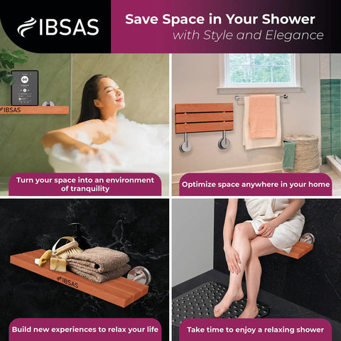 Woman enjoying bath with folding shower seat with no slip mat for inside shower wall mounted teakwood and stainless steel bench chair