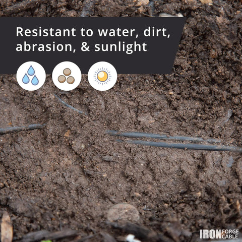 Low Voltage Landscape Wire 14 Gauge Two Conductor Black 250 Feet for Outdoor Lighting shown buried in soil for yard setup