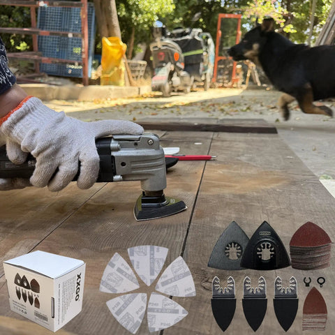 Person using Oscillating Multi Tool Sanding Kit With 105 Pieces Including Triangle And Finger Sanding Pads And 100 Pieces Sandpaper For Wood Projects Pro Grade Grits From 60 To 240 For Smooth Finishes And Easy Detail Work on a wooden surface outdoors.