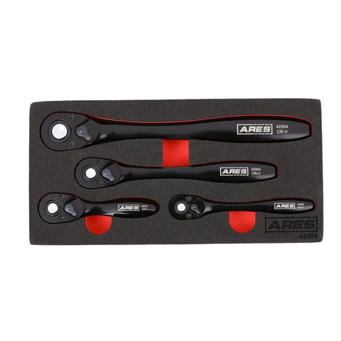Dual Tone 72 Tooth Ratchet Set With Easy Quick Release Sockets, 4 Piece Including 1/4, 3/8, 1/2 Inch Drives And Stubby 3/8