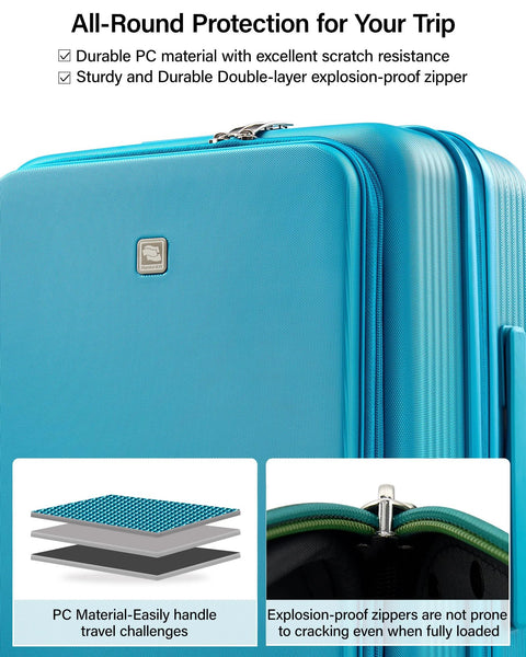 Caribbean blue expandable carry-on roller suitcase with durable PC shell and explosion-proof zippers.