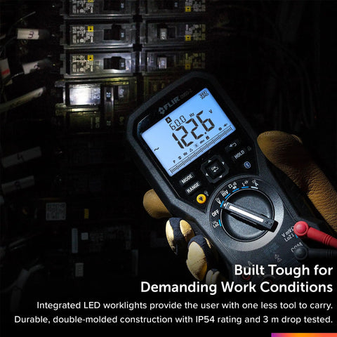 DM93-2 True RMS Industrial Digital Multimeter with 5 digit 40000 count dual display in use for electrical diagnostics.