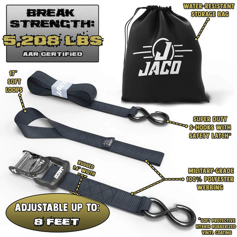 Heavy Duty Ratchet Straps With Soft Loops 1.6 Inches By 8 Feet Pack Of Four For Motorcycles ATVs And Trailers 5208 Lbs Break Strength in storage bag.