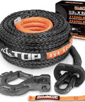 Heavy Duty Synthetic Winch Rope Kit Half Inch By Ninety Two Feet With Forged Hook Isolator Rubber Stopper And Safety Pull Strap 31500 Lbs Break Strength UHMWPE Braided 12 Strand Cable Replacement featuring components and packaging.