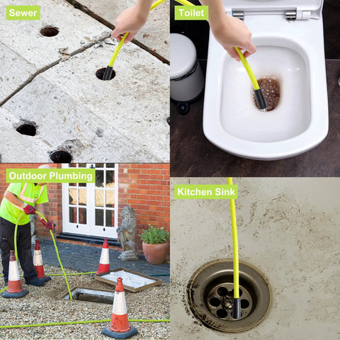 Sewer Jetter Kit For Pressure Washer 100 Ft Hose With Gun And Nozzles Including Button Nose Corner Rotating Jetting Orifice 4.0 4.5 M22 Adapter Quick Connect Plug Drain Cleaner For Clogged Lines in various uses like toilet and kitchen sink cleaning.