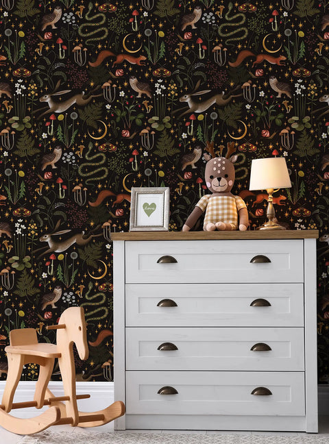 Children's room with dresser and rocking horse against Enchanted Forest Mood Peel And Stick Wallpaper For Dark Background Decor Single Sheet