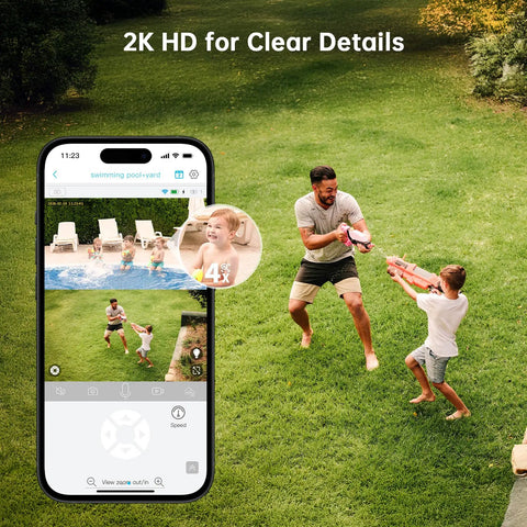 Dual Lens Solar Wireless Outdoor Security Camera With 2K Plus 2K Dual View shown monitoring backyard scene on phone screen