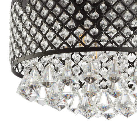 Close-up of Three Light LED Flush Mount Ceiling Light With Dimmable Metal Trellis And Crystal Drops Modern Glam Chandelier