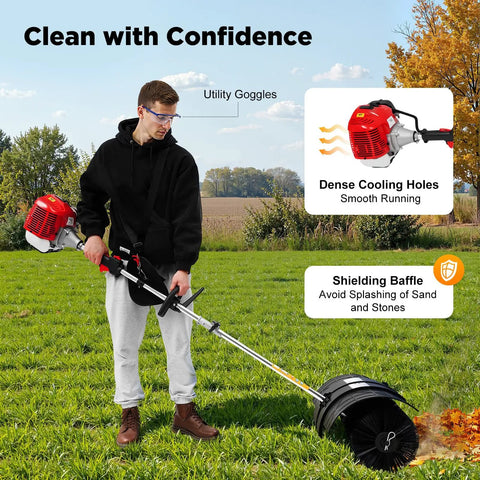 Heavy Duty 52Cc Gas Walk Behind Lawn Sweeper With Handheld Broom Attachment For Farms, Streets, And Gardens, user in field.