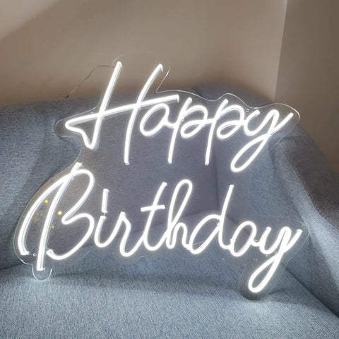 Happy Birthday Neon Sign LED Light, Large Silicone Neon on a sofa, 16.9 X 6.7 Inches, Cool White Glow, Modern Wall Mount Decor