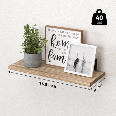 Premium Set Of Six Rustic Brown Floating Wall Shelves Straight with 16.5x6 inch size, supporting 40 lbs, stylishly displayed.
