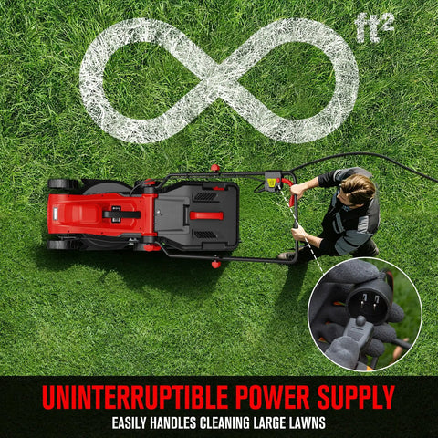 Top view of Corded Electric Lawn Mower 14-Inch Deck 11Amp Power No Gas Quiet Lightweight Push Mower mowing a lawn with cord plugged in.