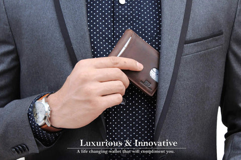 Man holding RFID Blocking Slim Bifold Leather Wallet for Men With Front Pocket Money Clip Minimalist Design Durable Genuine Leather in Texas Brown Card Organizer for Everyday Carry in suit pocket.