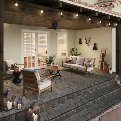 44 Inch Indoor Outdoor Ceiling Fan No Light With Low Profile Mount 5 Blades Damp Rated For Patio Porch Garage Or Living Room Pull Chain Matte Black Terrace Cove 51581 installed on a patio with furniture.