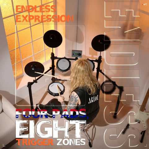 Person playing the Multi Zone Electronic Drum Set With Four Dual Trigger Quiet Mesh Pads 360 Sounds 10 User Kits Cymbals.