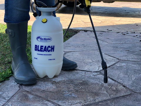 1.5 Gallon Bleach Sprayer Handheld Chemical Sprayer With Viton Seals used outdoors with cleaning wand on stone surface