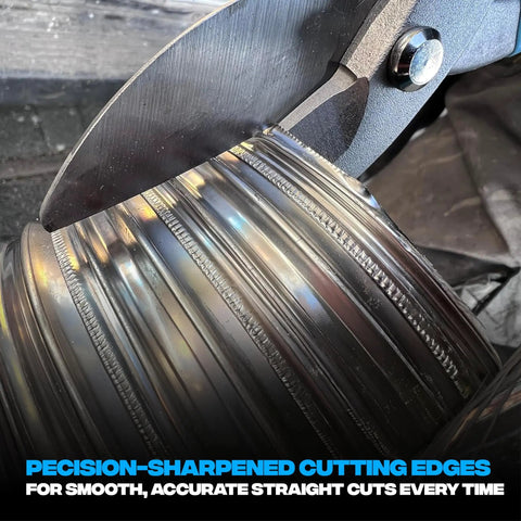 Close-up of Heavy Duty 10 Inch Straight Cut Tin Snips With No Sweat Comfort Grip Handle cutting metal for precise sheet metal work.