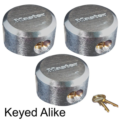 Three Pack ProSeries Padlocks With Beefy Reinforced Hidden Shackle, Rekeyable Pin Tumbler, Keyed Alike, Chrome Finish, shown with keys