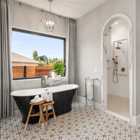 Modern bathroom featuring Dope Bardiglio Hex Flower Porcelain Tile 7x8 for floor and wall, glazed textured finish, enhancing decor.