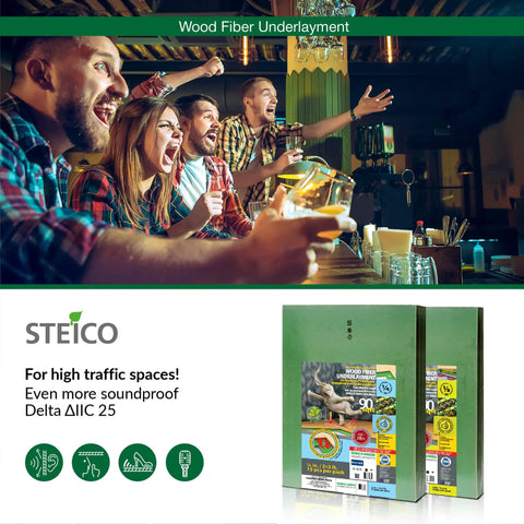 Premium Wood Fiber Flooring Underlayment 6mm Covers 180 Sq Ft Solid Acoustic Insulation And Hella Quiet Soundproofing For Laminate Lvt Lvp Or Hardwood Floors Today displayed at a lively bar with excited patrons.