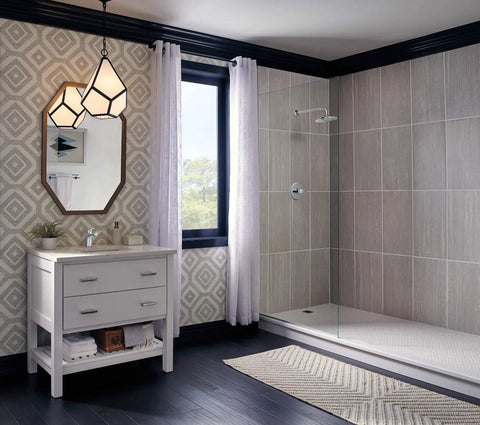 Modern bathroom with a shower area and 16 Inch Black Stainless Shower Arm Trim With One Half IPS Threads, Wall Mount Design For A Fresh Shower Upgrade.