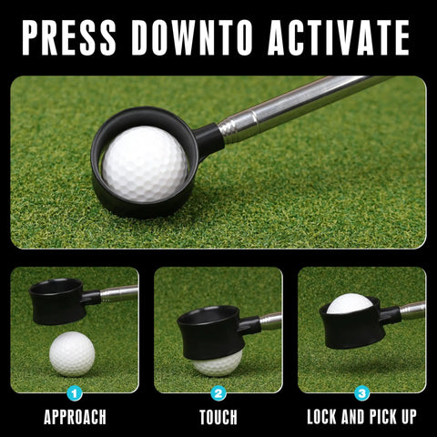 Close-up of Telescopic Golf Ball Retriever With Long Reach From Nine Feet To Sixteen Point Three Feet in use on grass