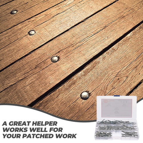 Heavy Duty Aluminum Blind Rivet Kit With Flange Flat Head Open End Long 140-Piece Assortment with wooden boards riveted